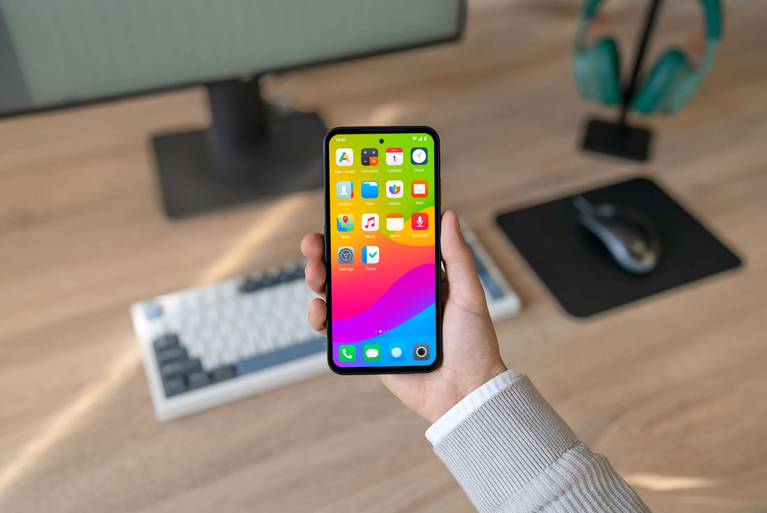 Main tenant le Fairphone Murena (Gen. 6) fonctionnant sous /e/OS avec un écran et un clavier sur un bureau en arrière-plan.