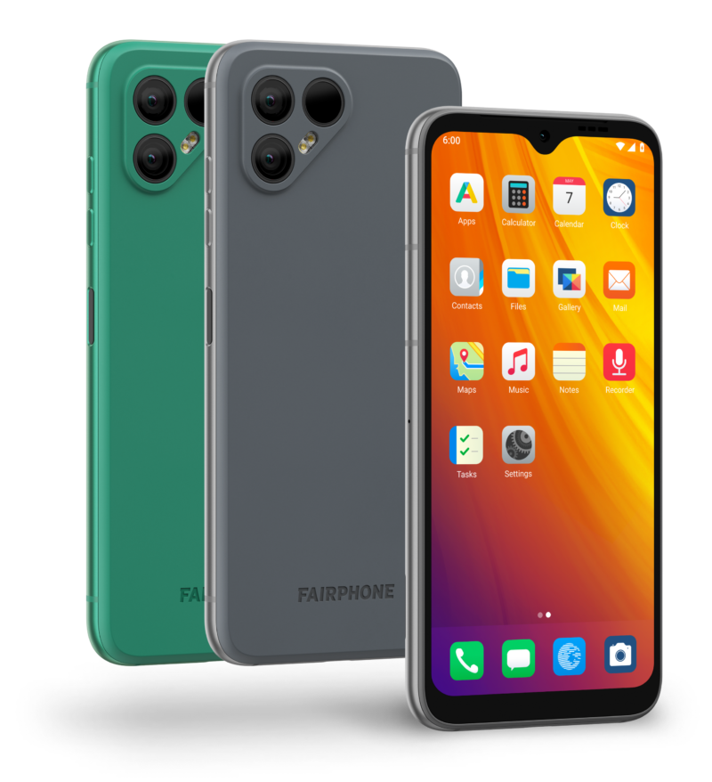A Murena Fairphone with a display showing /e/OS home screen
