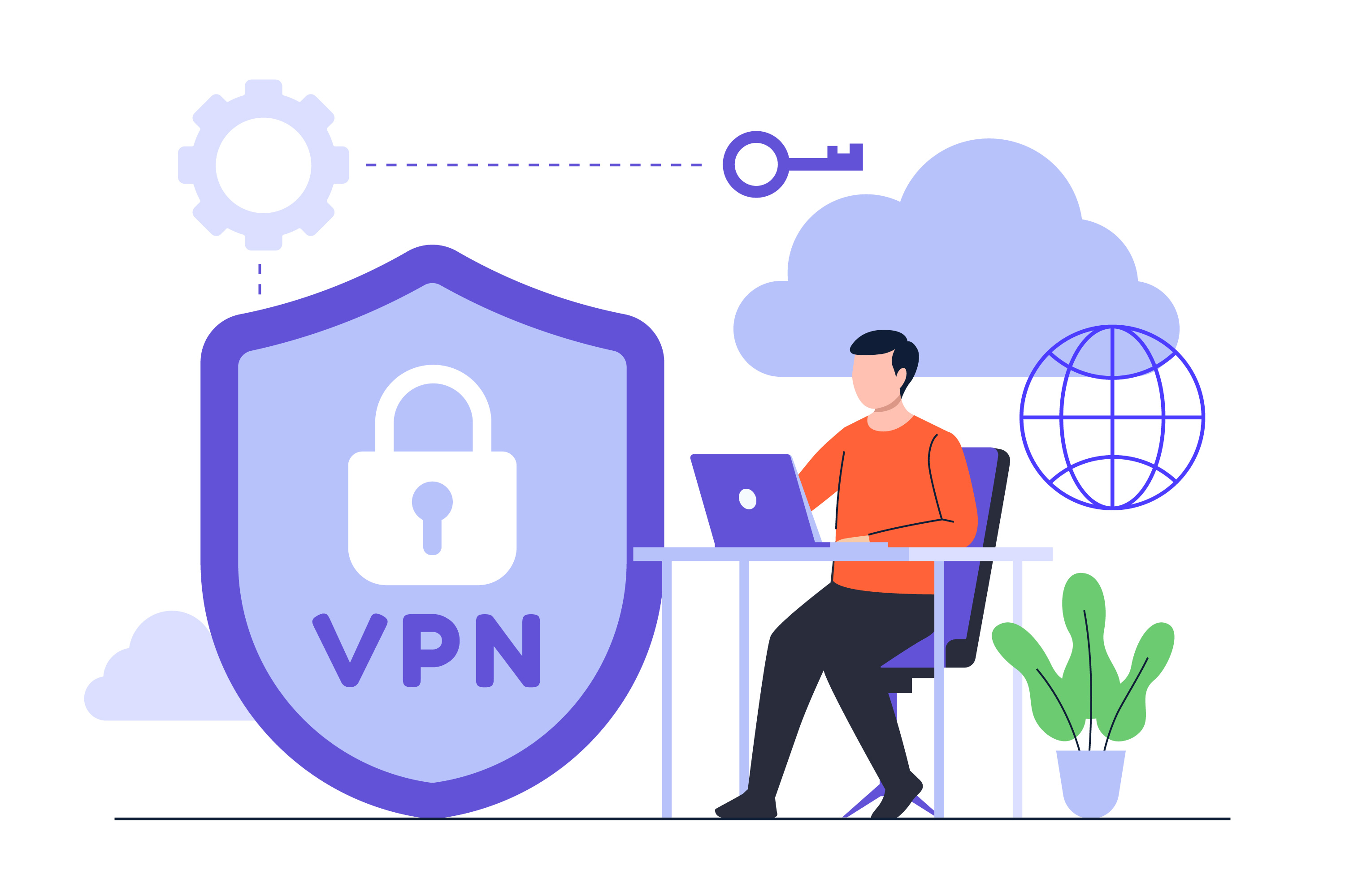 VPN-sign and a person working on a desk on their computer