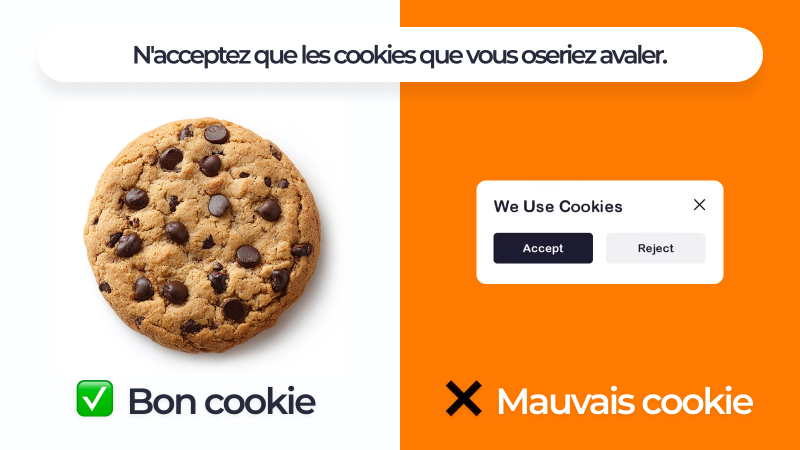 Un vrai cookie à côté d'un message parlant de cookies sur l'écran
