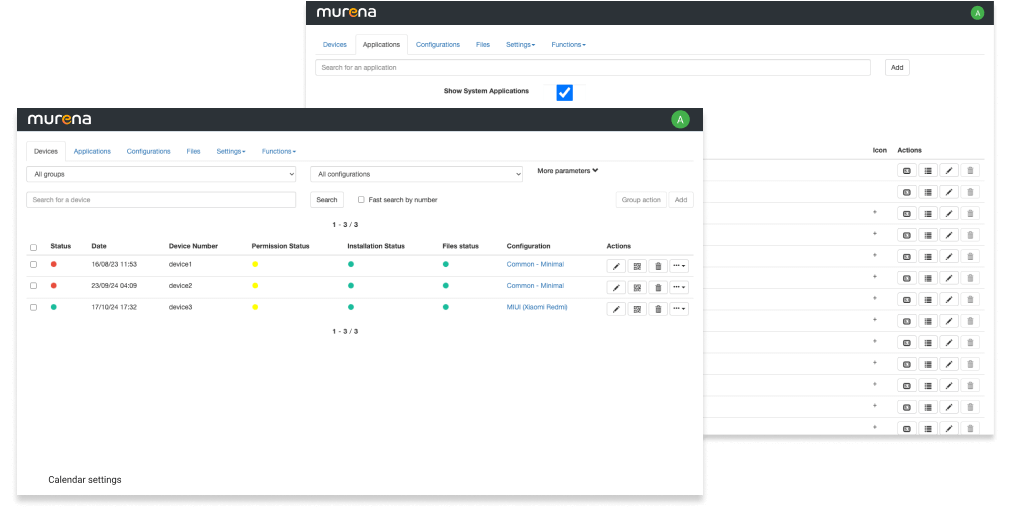Murena MDM zeigt eine Liste der registrierten Geräte, die die Hälfte einer Liste von Anwendungen abdeckt
