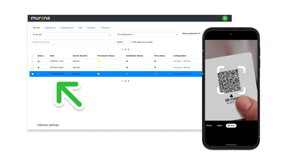 Murena MDM Dashboard neben einem Smartphone, das einen QR-Code scannt