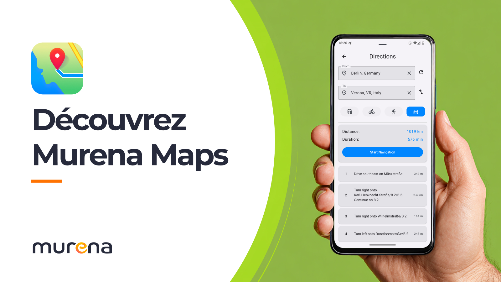 Main tenant un smartphone Murena montrant la nouvelle application Murena Maps