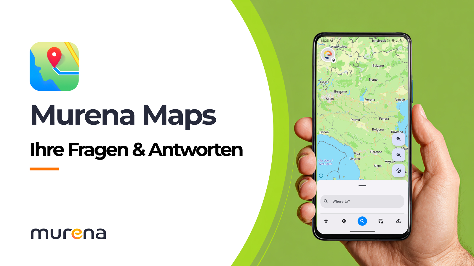 Murena Maps Ihre Fragen und Antworten mit einer Hand, die ein Smartphone mit Murena Maps in der Hand hält