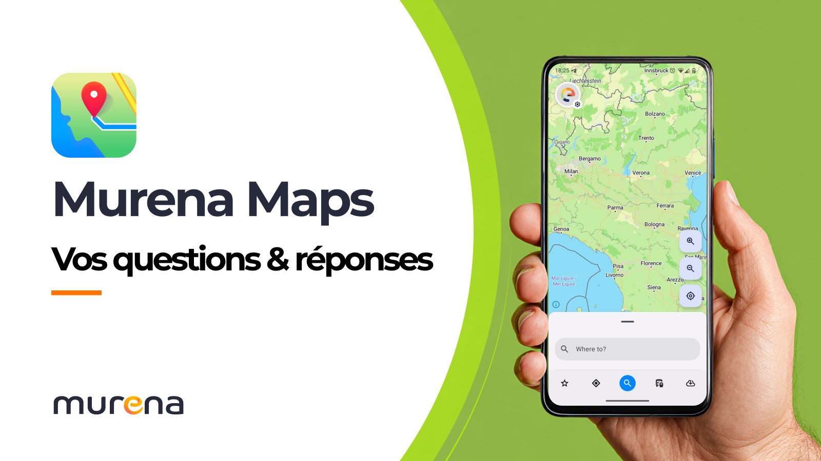 Murena Maps Vos questions et réponses avec une main tenant un smartphone équipé de Murena Maps.